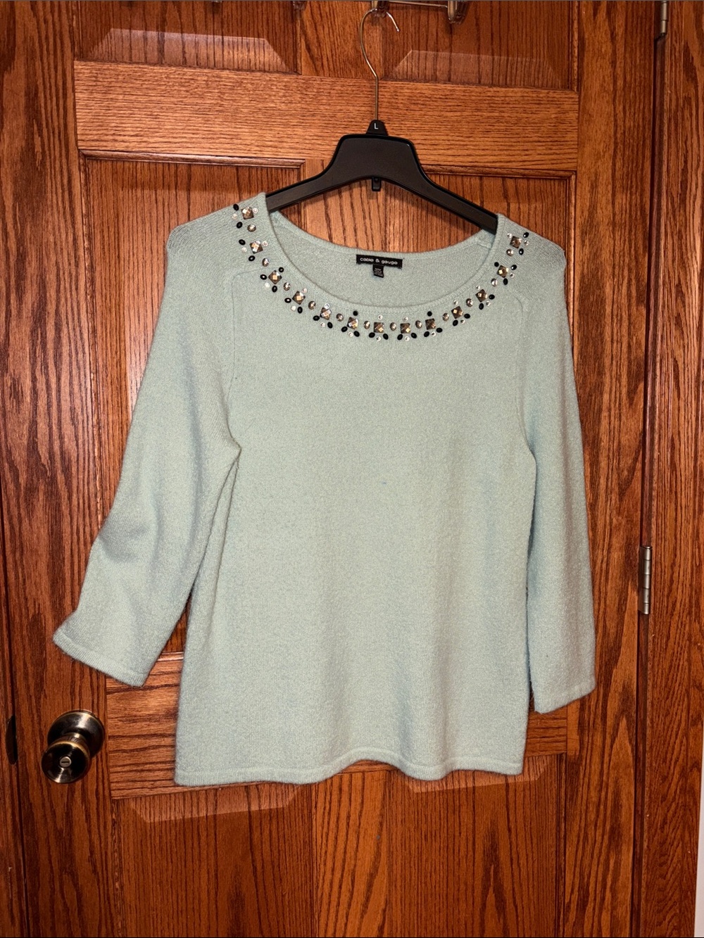 Cable & Gauge Mint Green Jeweled Scoop Neck Pullover